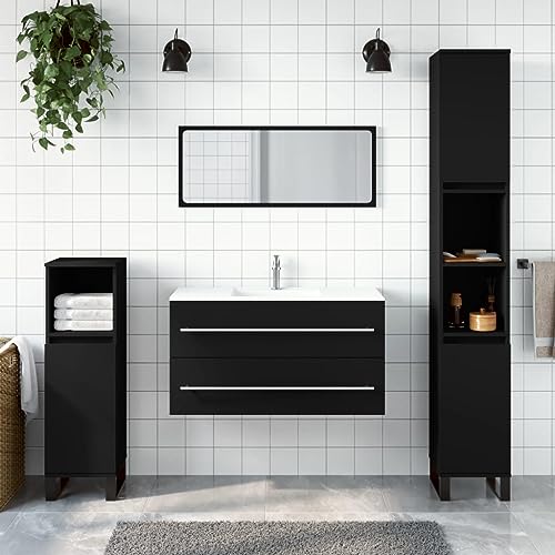 Homgoday Badezimmerschrank mit Spiegel, Holz, Schwarz, Badezimmerschrank, Kommode, Toilette, Stauraum, Dusche, Organizer zu Hause, Typ 1, Badezimmermöbel von Homgoday