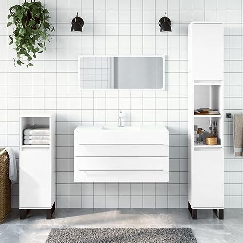 Homgoday Badezimmerschrank mit Spiegel, Holz, weiß, glänzend, Badezimmerschrank, Kommode, Toilette, Stauraum, Dusche, Organizer zu Hause, Typ 2, Badezimmermöbel von Homgoday