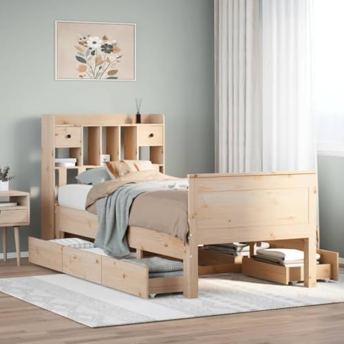 Homgoday Bett mit Regal ohne Matratze, massives Kiefernholz, 75 x 190 cm, Bettgestell, modernes Gestell, 75 x 190 cm von Homgoday