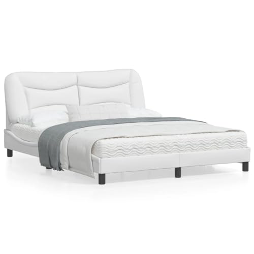 Homgoday Bettgestell mit LED Polsterbett Doppelbett Jugendbett Gästebett Bettrahmen Bett mit Kopfteil für Schlafzimmer Gästezimmer Weiß 160x200 cm Kunstleder von Homgoday