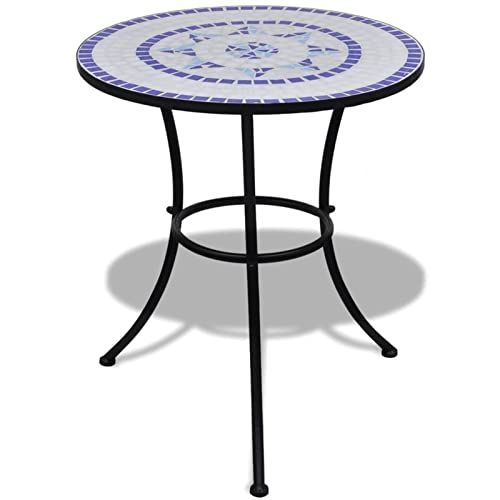 Homgoday Bistrotisch Gartentisch Balkontisch Terrassentisch Mosaiktisch Beistelltisch Couchtisch Gartenmöbel Tisch mit Mosaikplatte Blau und Weiß 60 cm Mosaik von Homgoday