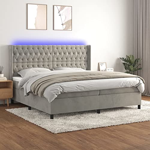 Homgoday Boxspringbett Matratze und LED Hellgrau 200 x 200 cm Samt Bett Bettrahmen Rahmen Rahmen Modernes Bett Struktur Wohnzimmer Schlafzimmer Model 3139763IT von Homgoday