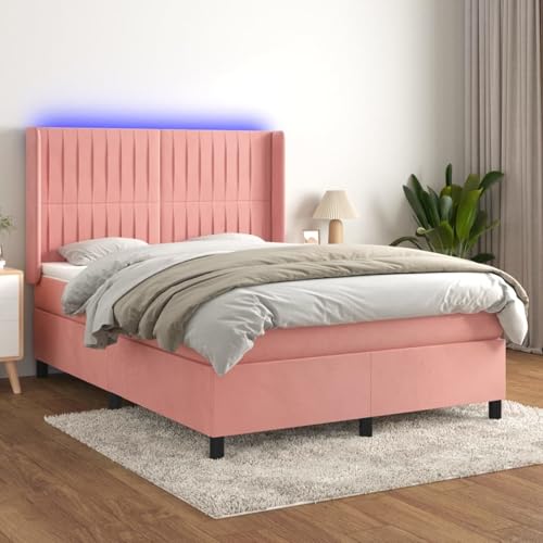 Homgoday Boxspringbett mit Matratze & LED Rosa 140x200 cm Samt Federbett Model3139690 von Homgoday