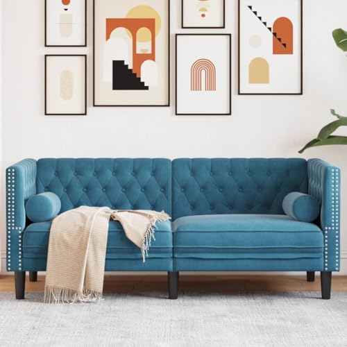Homgoday Chesterfield-Sofa mit Nackenrollen 2-Sitzer Blau Samt Loungesofa Polstersofa Doppelsofa Gästesofa Wohnzimmersofa Sofa Couch Sitzmöbel für Wohnzimmer Empfang Büro von Homgoday