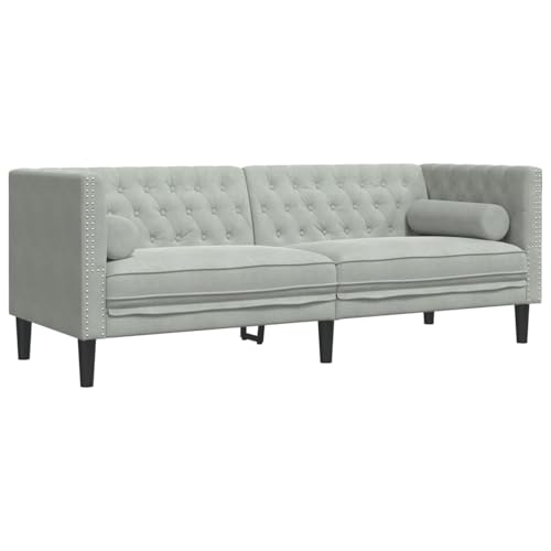 Homgoday Chesterfield-Sofa mit Nackenrollen 3-Sitzer Hellgrau Samt Sofa Klein Model372693 von Homgoday