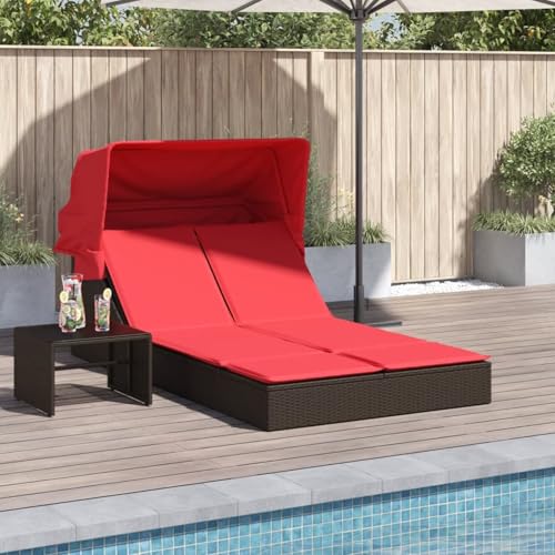 Homgoday Doppelte Sonnenliege mit Baldachin und Kissen, braun, Polyrattan Loungesessel Model368643 von Homgoday
