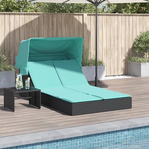 Homgoday Doppelte Sonnenliege mit Baldachin und Kissen, schwarzes Polyrattan Loungesessel Model368645 von Homgoday