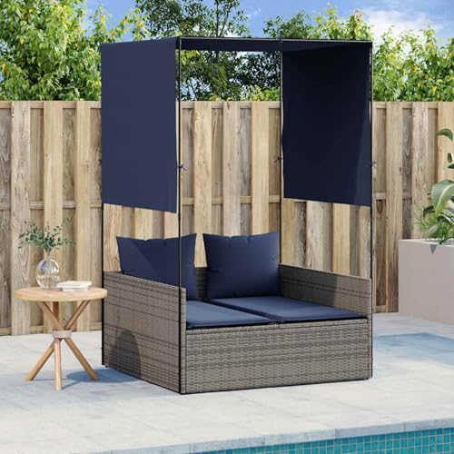 Homgoday Doppelte Sonnenliege mit Dach und Vorhängen, grau, Polyrattan Loungesessel Model4002761 von Homgoday