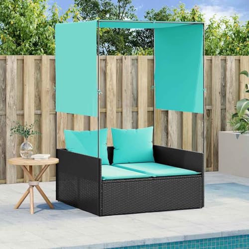 Homgoday Doppelte Sonnenliege mit Dach und Vorhängen, schwarzes Polyrattan Loungesessel Model4002763 von Homgoday