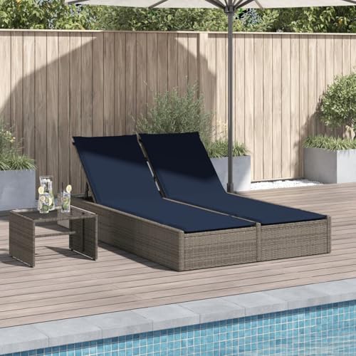 Homgoday Doppelte Sonnenliege mit Kissen Grau Poly Rattan Loungesessel Model368635 von Homgoday