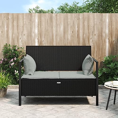 Homgoday Gartenbank 2-Sitzer mit Kissen Truhenbank mit Stauraum Sitzbank Parkbank Gartenbank Truhenbank Gartensofa Terrassenbank für Garten, Balkon und Terrasse Schwarz Poly Rattan von Homgoday