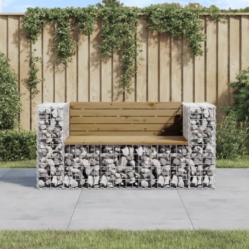 Homgoday Gartenbank aus Gabionen Sitzbank Parkbank Gartenbank Bänke Gabionenkorb Ruhebank Gartenbank mit Lehne Gartenbank mit Sitzfläche 143x71x65,5 cm Kiefernholz Imprägniert von Homgoday