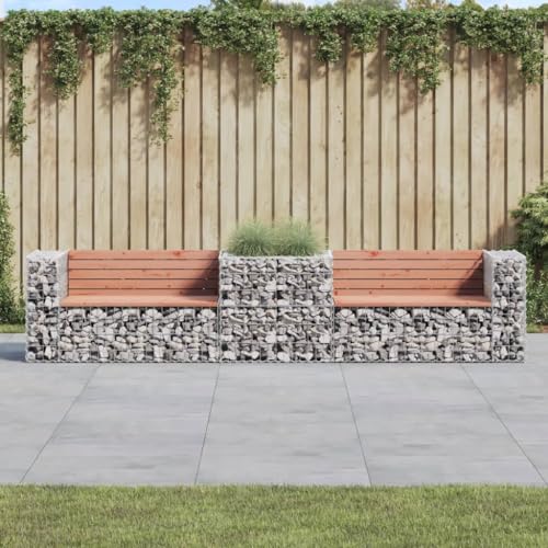 Homgoday Gartenbank mit Gabione - Massivholz Douglasie, verzinkter Stahl - Silber, Anthrazit - 314 x 71 x 65,5 cm - 110 kg Tragfähigkeit von Homgoday