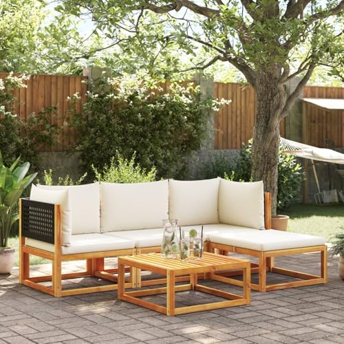 Homgoday Gartenmöbel-Set 5-teilig mit Kissen aus massivem Akazienholz, modernes Sofa-Set, Schlafsofa-Set für Wohnzimmer, Sofa, Set für den Außenbereich, Modell 3278872 von Homgoday