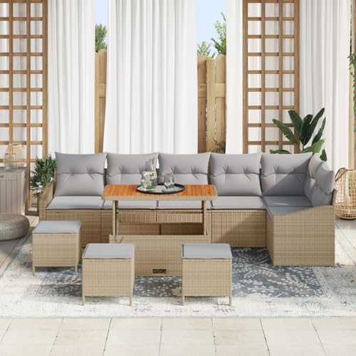 Homgoday Gartenmöbel Set Terrassenmöbel 10-teilige Garten Sofa Set mit Kissen Beige Poly Rattan Akazie von Homgoday