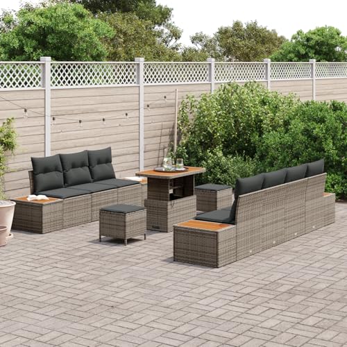 Homgoday Gartenmöbel Set Terrassenmöbel 10-teiliges Garten-Sofa-Set mit Kissen Grau Poly Rattan Akazie von Homgoday