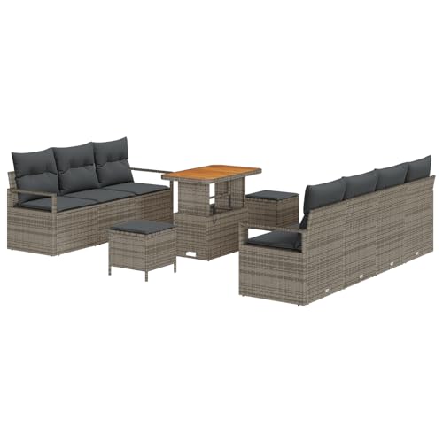 Homgoday Gartenmöbel Set Terrassenmöbel 10-teiliges Garten Sofa Set mit Kissen Grau Poly Rattan Akazie von Homgoday
