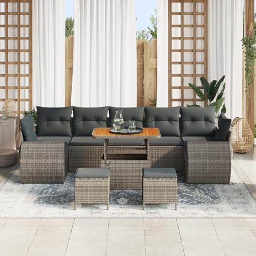 Homgoday Gartenmöbel Set Terrassenmöbel 10-teiliges Garten Sofa Set mit Kissen Grau Poly Rattan Akazie von Homgoday