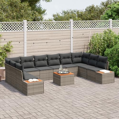 Homgoday Gartenmöbel Set Terrassenmöbel 11-teilige Garten Sofa Set mit Kissen Grau Poly Rattan Akazie von Homgoday
