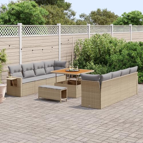 Homgoday Gartenmöbel Set Terrassenmöbel 11-teiliges Garten Sofa Set mit Kissen Beige Poly Rattan Akazie von Homgoday
