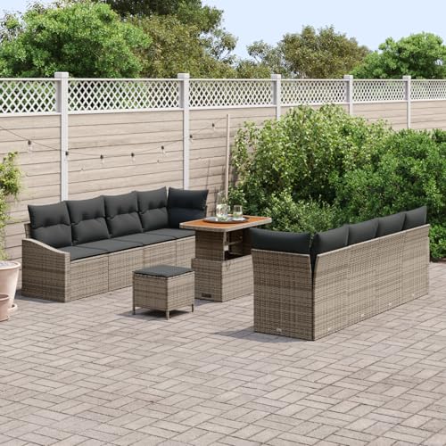 Homgoday Gartenmöbel Set Terrassenmöbel 11-teiliges Garten Sofa Set mit Kissen Grau Poly Rattan Akazie von Homgoday