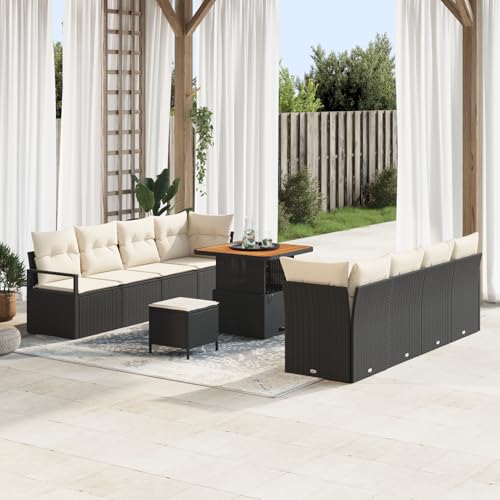 Homgoday Gartenmöbel Set Terrassenmöbel 11-teiliges Garten Sofa Set mit Kissen Schwarz Poly Rattan Akazie von Homgoday