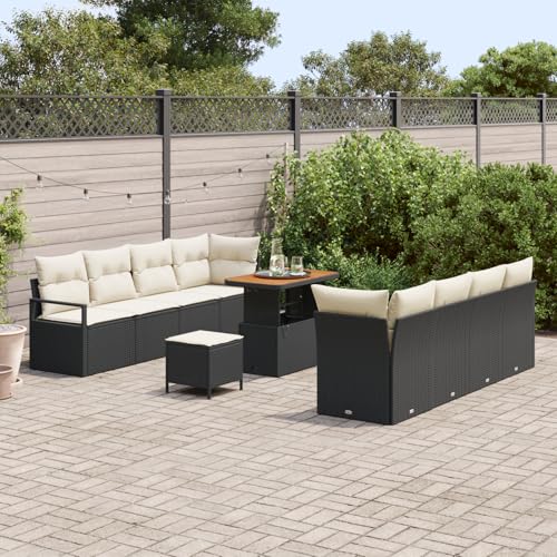 Homgoday Gartenmöbel Set Terrassenmöbel 11-teiliges Garten Sofa Set mit Kissen Schwarz Poly Rattan Akazie von Homgoday