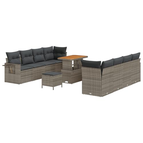 Homgoday Gartenmöbel Set Terrassenmöbel 11-teiliges Garten Sofaset mit Kissen Grau Poly Rattan Akazie von Homgoday