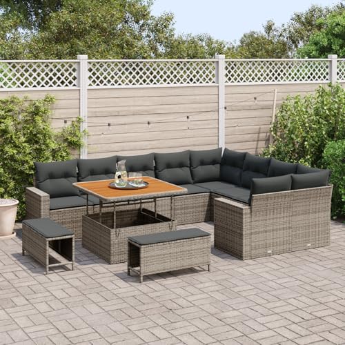 Homgoday Gartenmöbel Set Terrassenmöbel 12-teiliges Garten-Sofa-Set mit Kissen Grau Poly Rattan Akazie Homgoday Gartenmöbel Set Terrassenmöbel 12-teiliges Garten-Sofa-Set mit Kissen Grau Poly Rattan Akazie von Homgoday