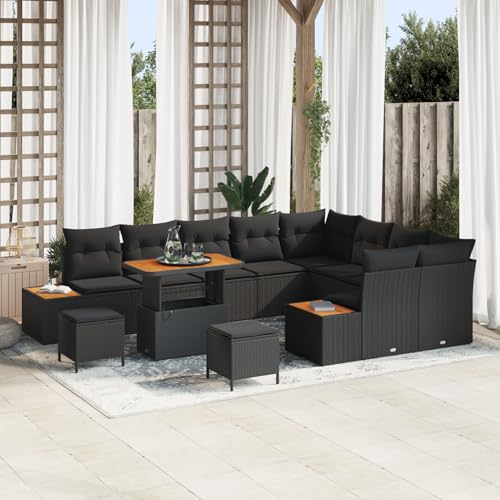 Homgoday Gartenmöbel Set Terrassenmöbel 12-teiliges Garten-Sofa-Set mit Kissen Schwarz Poly-Rattan Akazie von Homgoday