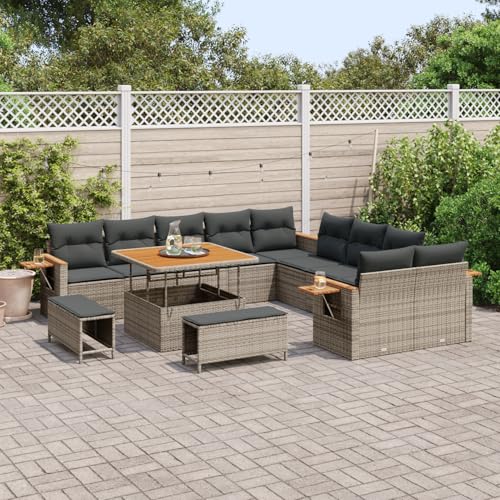 Homgoday Gartenmöbel Set Terrassenmöbel 13-teiliges Garten-Sofa-Set mit Kissen Grau Poly-Rattan Akazie von Homgoday