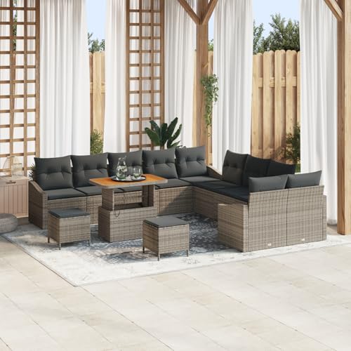 Homgoday Gartenmöbel Set Terrassenmöbel 13-teiliges Garten-Sofa-Set mit Kissen Grau Poly-Rattan Akazie von Homgoday