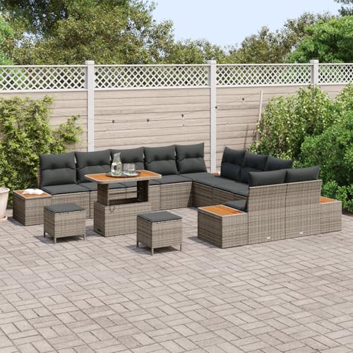 Homgoday Gartenmöbel Set Terrassenmöbel 13-teiliges Garten-Sofa-Set mit Kissen Grau Poly Rattan Akazie von Homgoday