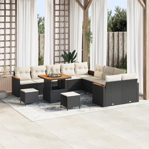 Homgoday Gartenmöbel Set Terrassenmöbel 13-teiliges Garten Sofa Set mit Kissen Schwarz Poly Rattan Akazie von Homgoday
