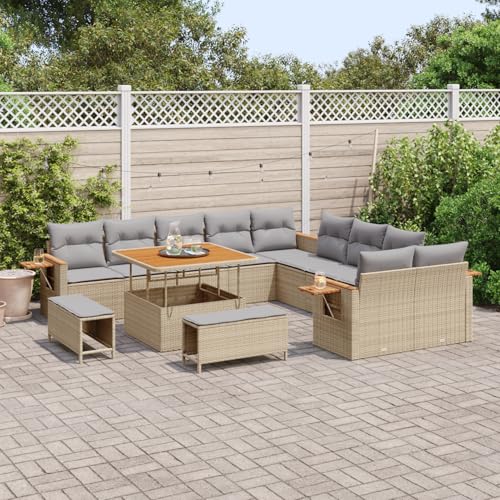 Homgoday Gartenmöbel Set Terrassenmöbel 13-teiliges Garten-Sofaset mit Kissen Beige Poly-Rattan Akazie Homgoday Gartenmöbel Set Terrassenmöbel 13-teiliges Garten-Sofaset mit Kissen Beige Poly-Rattan Akazie von Homgoday
