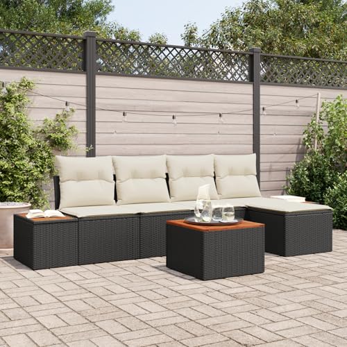 Homgoday Gartenmöbel Set Terrassenmöbel 6-teiliges Garten Sofa Set mit Kissen Schwarz Poly Rattan Akazie von Homgoday