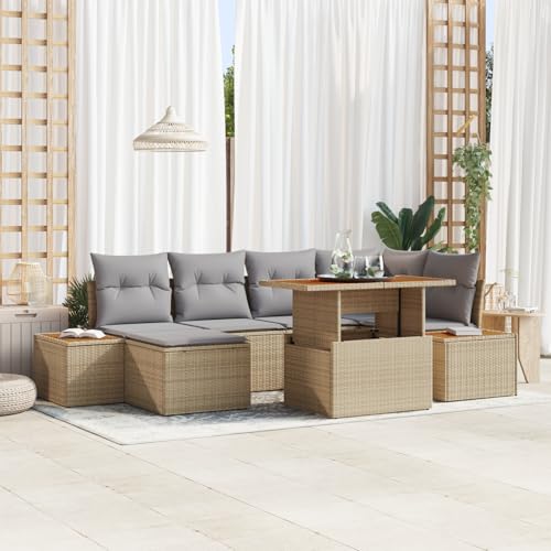 Homgoday Gartenmöbel Set Terrassenmöbel 7-Teiliges Garten-Sofa-Set mit Kissen Beige Poly Rattan von Homgoday