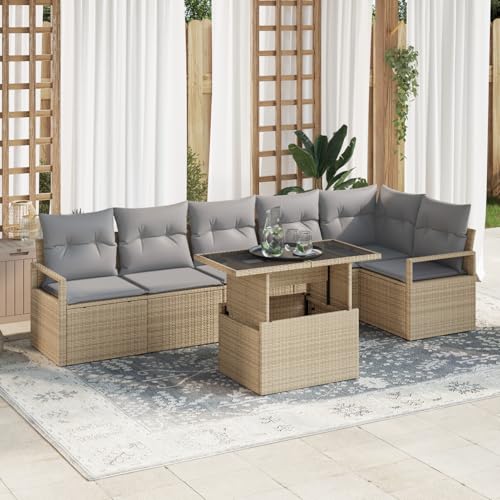 Homgoday Gartenmöbel Set Terrassenmöbel 7-teiliges Garten Sofa Set mit Kissen Beige Poly Rattan von Homgoday