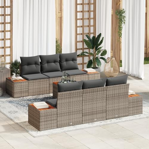 Homgoday Gartenmöbel Set Terrassenmöbel 7-teiliges Garten Sofa Set mit Kissen Grau Poly Rattan Akazie Homgoday Gartenmöbel Set Terrassenmöbel 7-teiliges Garten Sofa Set mit Kissen Grau Poly Rattan Akazie von Homgoday