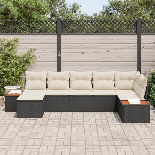 Homgoday Gartenmöbel Set Terrassenmöbel 7-teiliges Garten-Sofa-Set mit Kissen Schwarz Poly Rattan Akazie Homgoday Gartenmöbel Set Terrassenmöbel 7-teiliges Garten-Sofa-Set mit Kissen Schwarz Poly Rattan Akazie von Homgoday