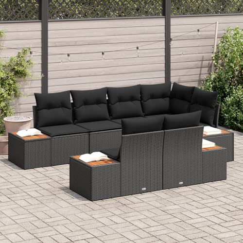 Homgoday Gartenmöbel Set Terrassenmöbel 7-teiliges Garten-Sofa-Set mit Kissen Schwarz Poly-Rattan Akazie von Homgoday