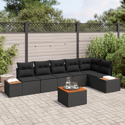 Homgoday Gartenmöbel Set Terrassenmöbel 7-teiliges Garten-Sofa-Set mit Kissen Schwarz Poly-Rattan Akazie von Homgoday