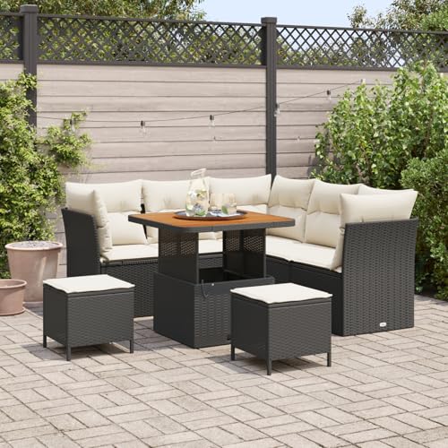Homgoday Gartenmöbel Set Terrassenmöbel 8-teilige Garten Sofagarnitur mit Kissen Schwarz Poly-Rattan Akazie von Homgoday
