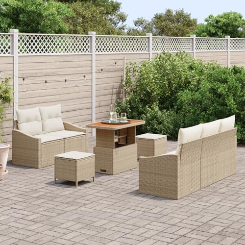 Homgoday Gartenmöbel Set Terrassenmöbel 8-teiliges Garten-Sofa-Set mit Kissen Beige Poly Rattan Akazie von Homgoday