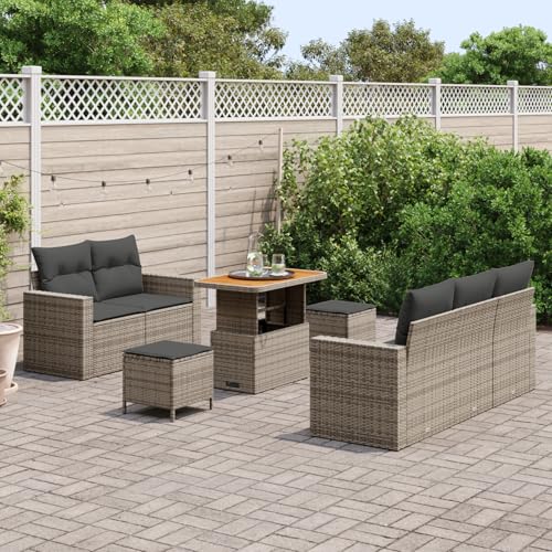 Homgoday Gartenmöbel Set Terrassenmöbel 8-teiliges Garten Sofa Set mit Kissen Grau Poly Rattan Akazie von Homgoday