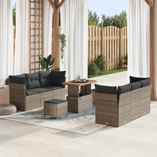 Homgoday Gartenmöbel Set Terrassenmöbel 9 Stück Garten Sofa Set mit Kissen Grau Poly Rattan Akazie von Homgoday