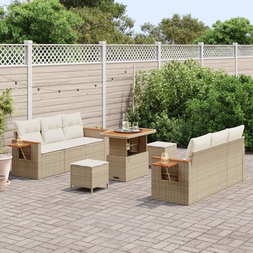 Homgoday Gartenmöbel Set Terrassenmöbel 9-teiliges Garten Sofa Set mit Kissen Beige Poly Rattan Akazie von Homgoday