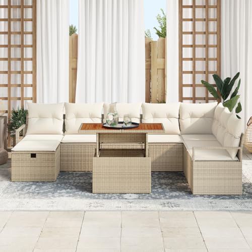 Homgoday Gartenmöbel Set Terrassenmöbel 9-teiliges Garten Sofa Set mit Kissen Beige Poly Rattan von Homgoday