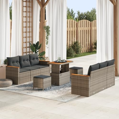 Homgoday Gartenmöbel Set Terrassenmöbel 9-teiliges Garten Sofa Set mit Kissen Grau Poly Rattan Akazie von Homgoday
