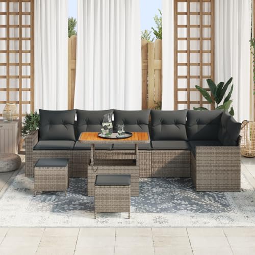 Homgoday Gartenmöbel Set Terrassenmöbel 9-teiliges Garten-Sofa-Set mit Kissen Grau Poly-Rattan Akazie von Homgoday